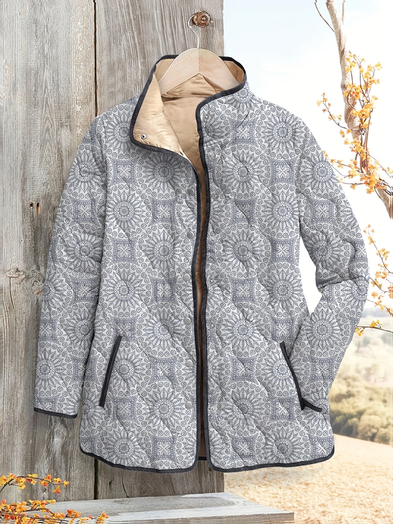 Women's Vintage Geometric Print Quilted Jacket